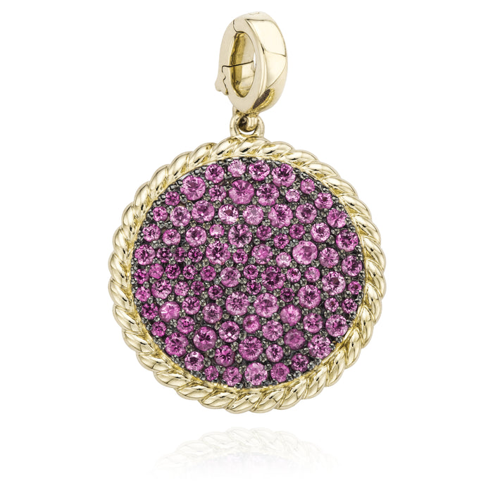 Large Pink Sapphire Pave Disc Pendant in Yellow