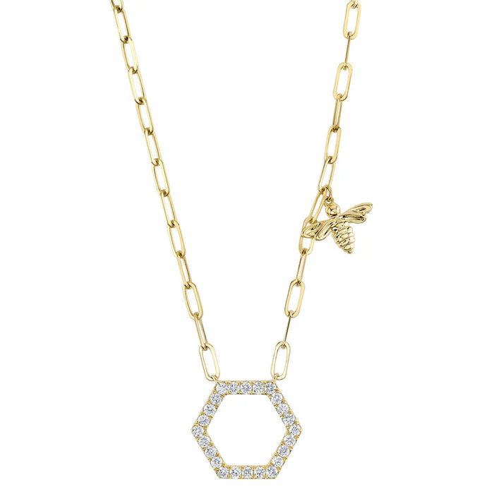 Hexagon & Bee Diamond Necklace in Yellow