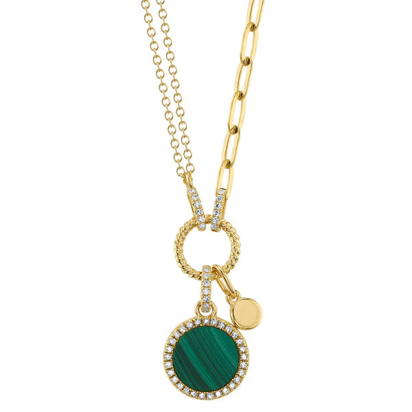 Malachite Circle Paper Clip Link Necklace in Yellow