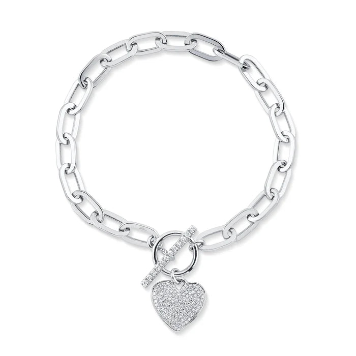 Paper Clip Link Diamond Pavé Heart Bracelet in White